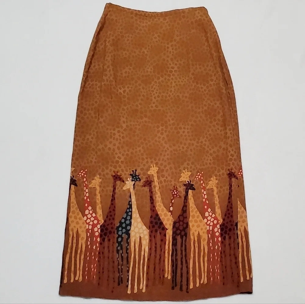 80s Vintage F.L. Malik Spotted Giraffe Print High Rise Back Slit Maxi Skirt 10